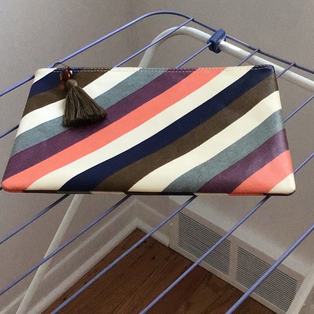 Madewell Stripe Coated Canvas Zip Top Pouch Clutch with Tassel